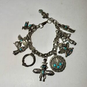 Native American Themed Charm Bracelet  7" Long 10 Charms Faux Turquoise